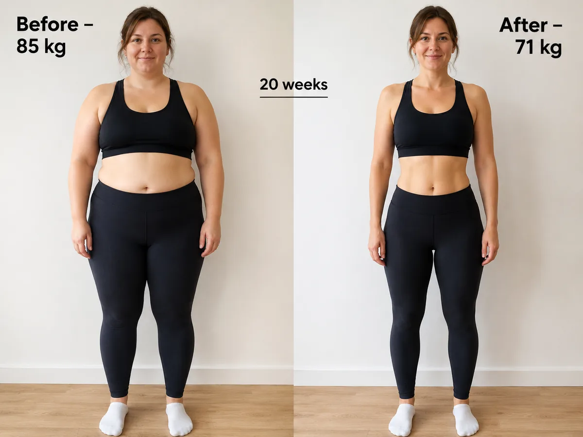 Metamorfoza klientki Anety: 85 kg przed treningiem, 71 kg po 20 tygodniach